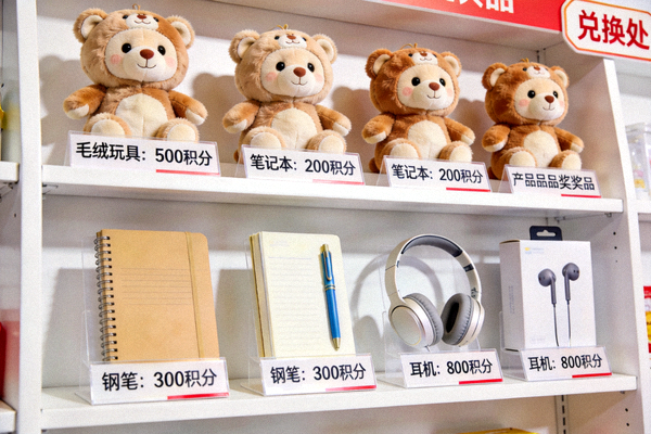 兑换处展示的各种奖品，包括毛绒玩具、文具、电子产品等，每个奖品下方标有兑换所需的积分数量