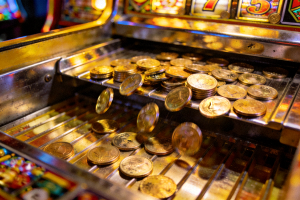 经典的推币机，金属板不断推动金币向前，玩家期待金币掉落到奖品区